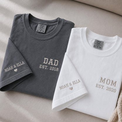 Custom Embroidered Mom and Dad Shirt, Personalized Kids Names Sleeve, Comfort Colors Tee, New Mom Dad Gift, First Father's Day, Family Gift