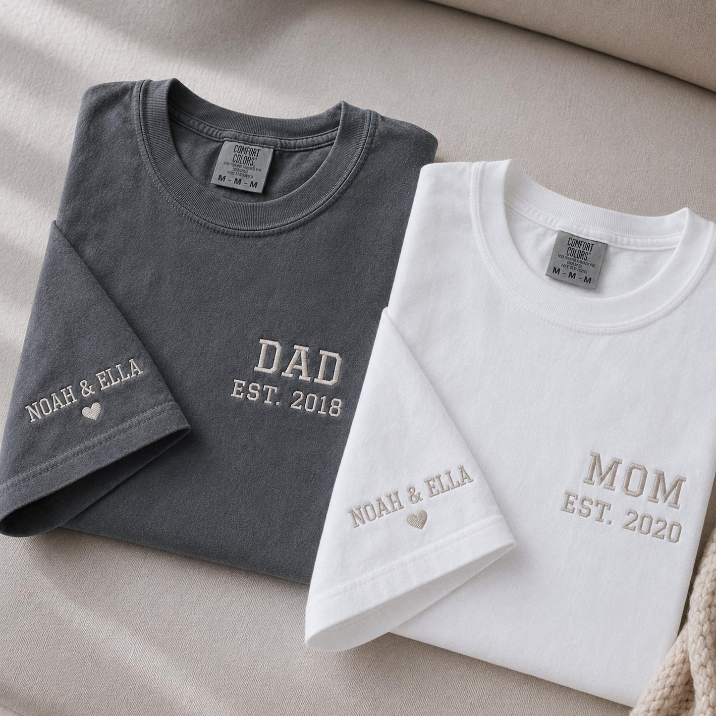 Custom Embroidered Mom Dad Shirt, Personalized Kids Names on Sleeve, Comfort Colors Matching Couple Tee, New Parent Gift, Father's Day Gift