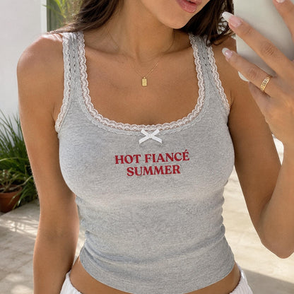 Bride To Be Embroidered Tank Top, Hot Fiancé Summer Lace Tank, Personalized Engagement Gift, Bridal Shower Outfit, Honeymoon Tank Top