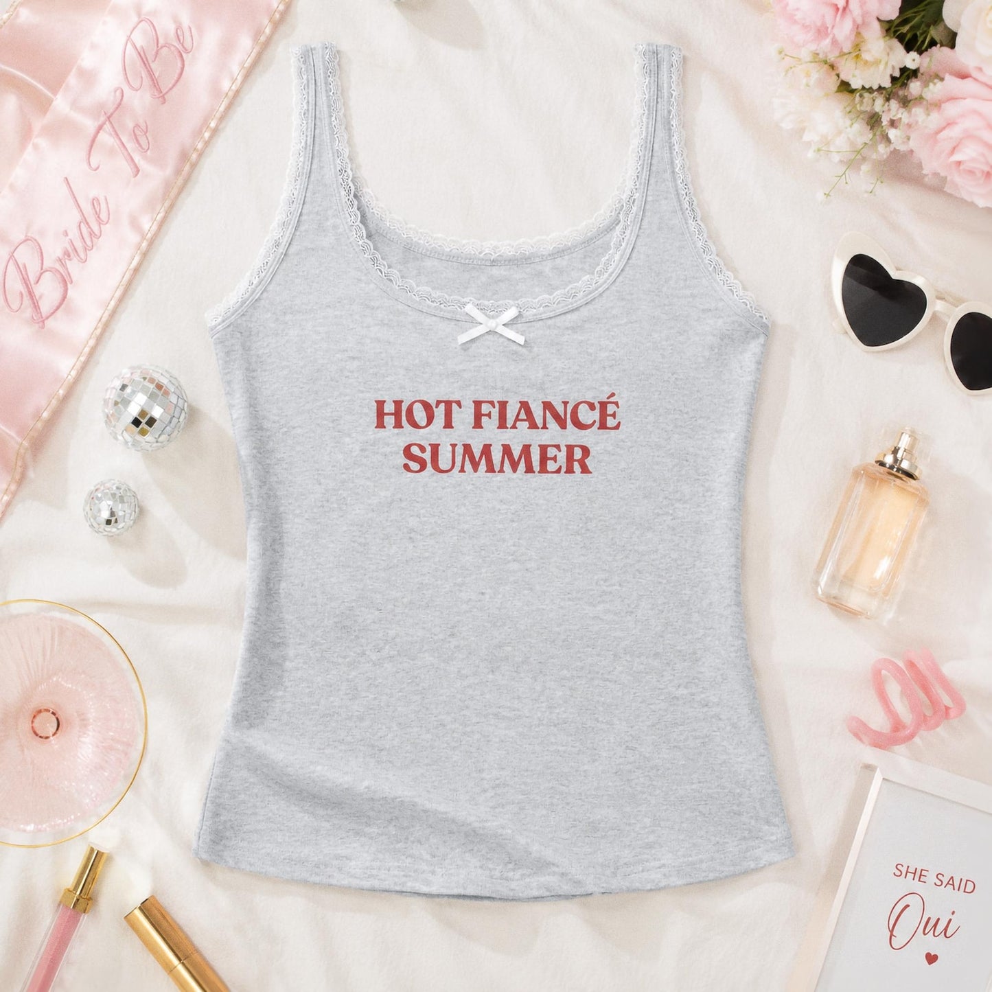 Bride To Be Embroidered Tank Top, Hot Fiancé Summer Lace Tank, Personalized Engagement Gift, Bridal Shower Outfit, Honeymoon Tank Top