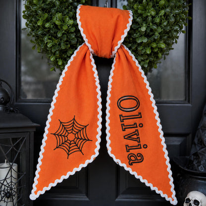 Personalized Halloween Wreath Sash, Custom Name Ghost Door Bow, Embroidered Spooky Holiday Decor, Gingham Ribbon