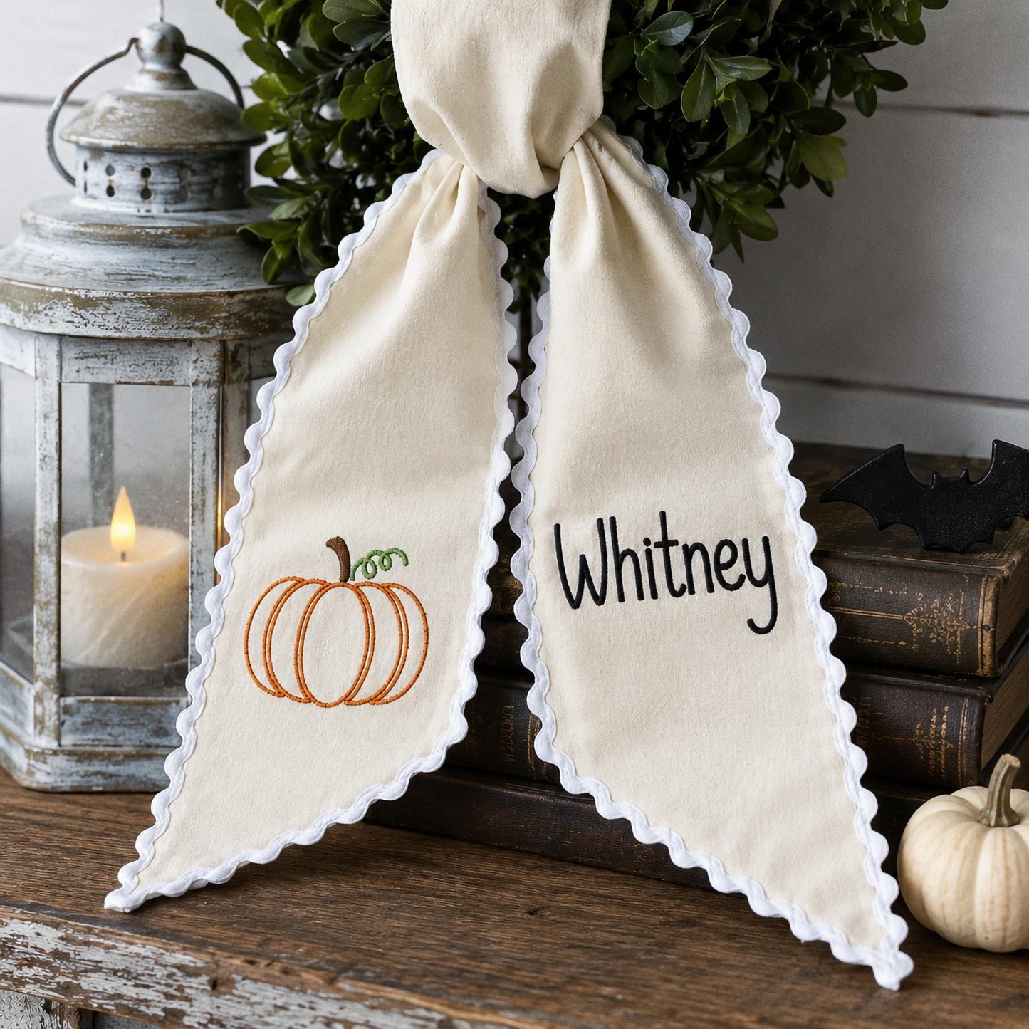 Personalized Halloween Wreath Sash, Custom Name Ghost Door Bow, Embroidered Spooky Holiday Decor, Gingham Ribbon