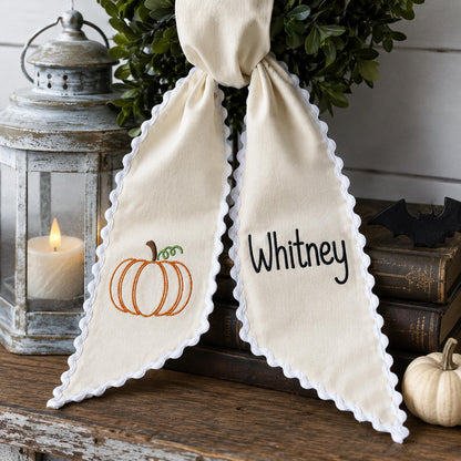 Personalized Halloween Wreath Sash, Custom Name Ghost Door Bow, Embroidered Spooky Holiday Decor, Gingham Ribbon
