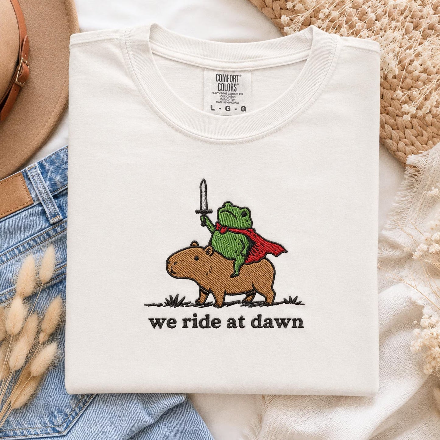 We Ride at Dawn Raccoon and Capybara Embroidered Tee, Funny Medieval Animal Shirt, Cute Ren Faire Gift Shirt