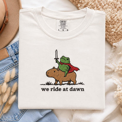 We Ride at Dawn Raccoon and Capybara Embroidered Tee, Funny Medieval Animal Shirt, Cute Ren Faire Gift Shirt