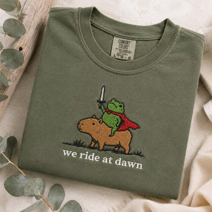 We Ride at Dawn Raccoon and Capybara Embroidered Tee, Funny Medieval Animal Shirt, Cute Ren Faire Gift Shirt