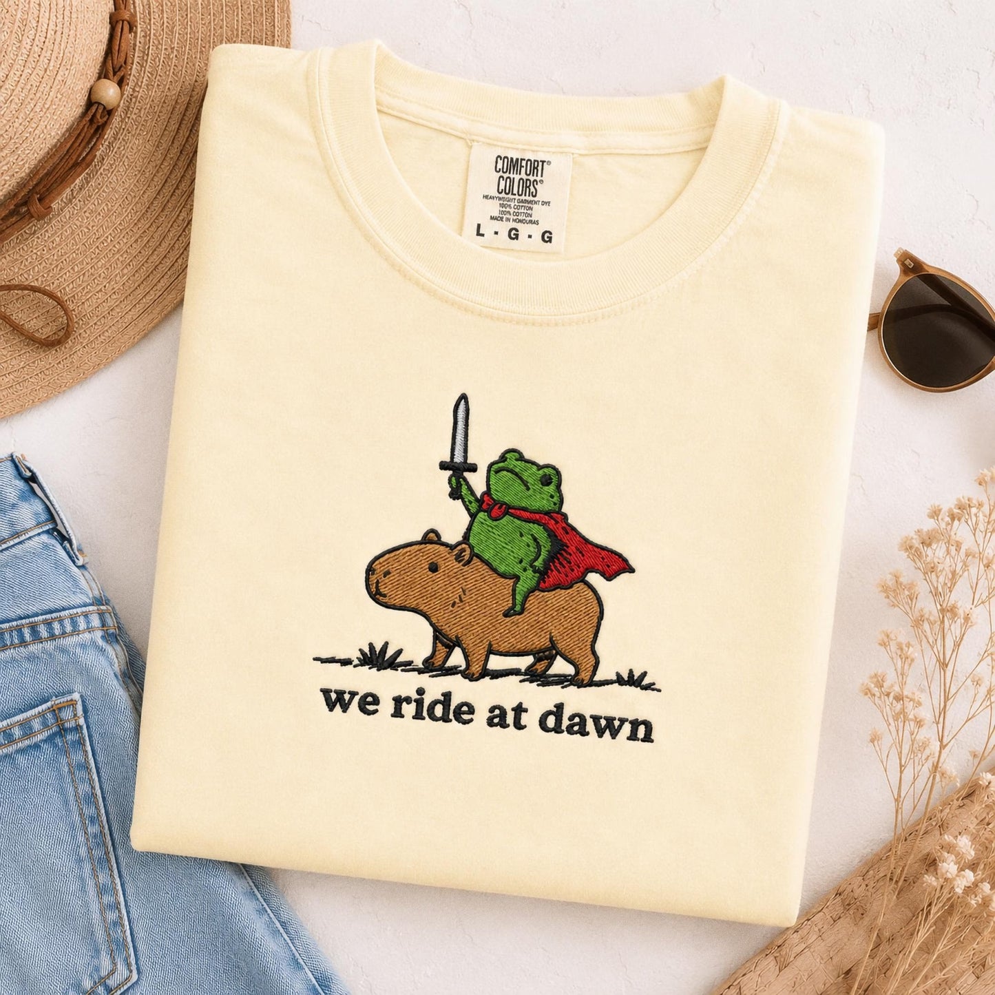 We Ride at Dawn Raccoon and Capybara Embroidered Tee, Funny Medieval Animal Shirt, Cute Ren Faire Gift Shirt