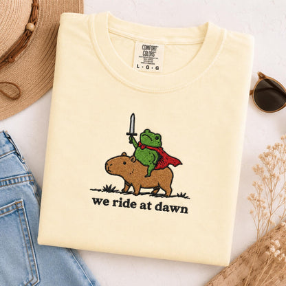 We Ride at Dawn Raccoon and Capybara Embroidered Tee, Funny Medieval Animal Shirt, Cute Ren Faire Gift Shirt