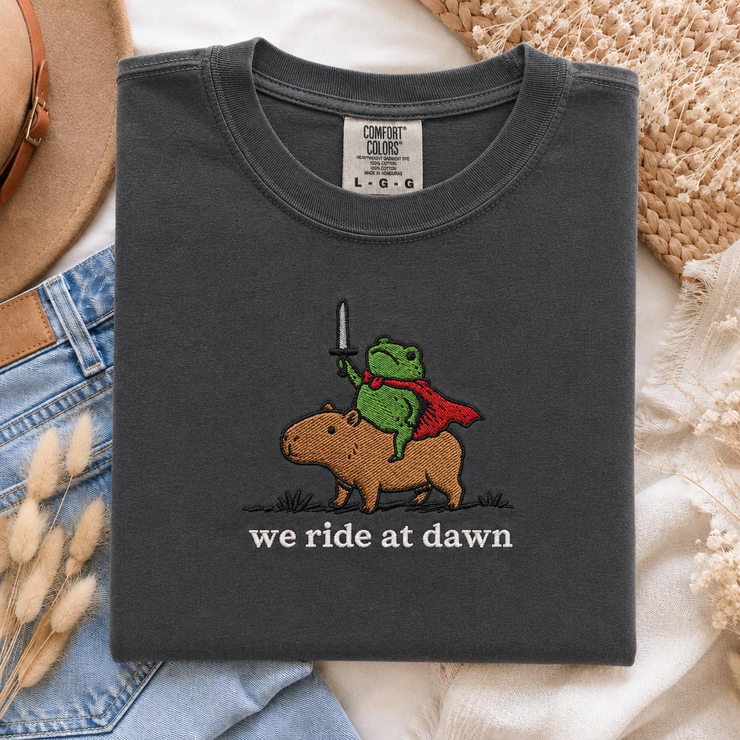 We Ride at Dawn Raccoon and Capybara Embroidered Tee, Funny Medieval Animal Shirt, Cute Ren Faire Gift Shirt