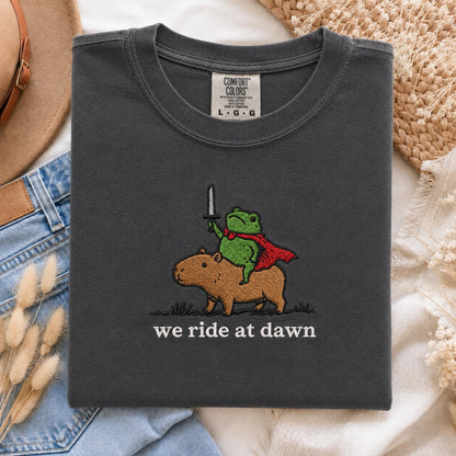 We Ride at Dawn Raccoon and Capybara Embroidered Tee, Funny Medieval Animal Shirt, Cute Ren Faire Gift Shirt