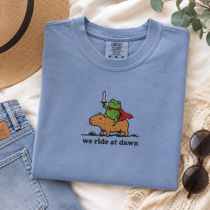 We Ride at Dawn Raccoon and Capybara Embroidered Tee, Funny Medieval Animal Shirt, Cute Ren Faire Gift Shirt