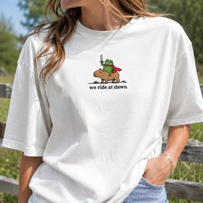 We Ride at Dawn Raccoon and Capybara Embroidered Tee, Funny Medieval Animal Shirt, Cute Ren Faire Gift Shirt