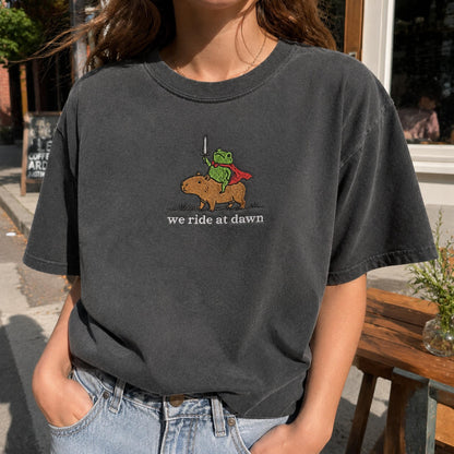 We Ride at Dawn Raccoon and Capybara Embroidered Tee, Funny Medieval Animal Shirt, Cute Ren Faire Gift Shirt