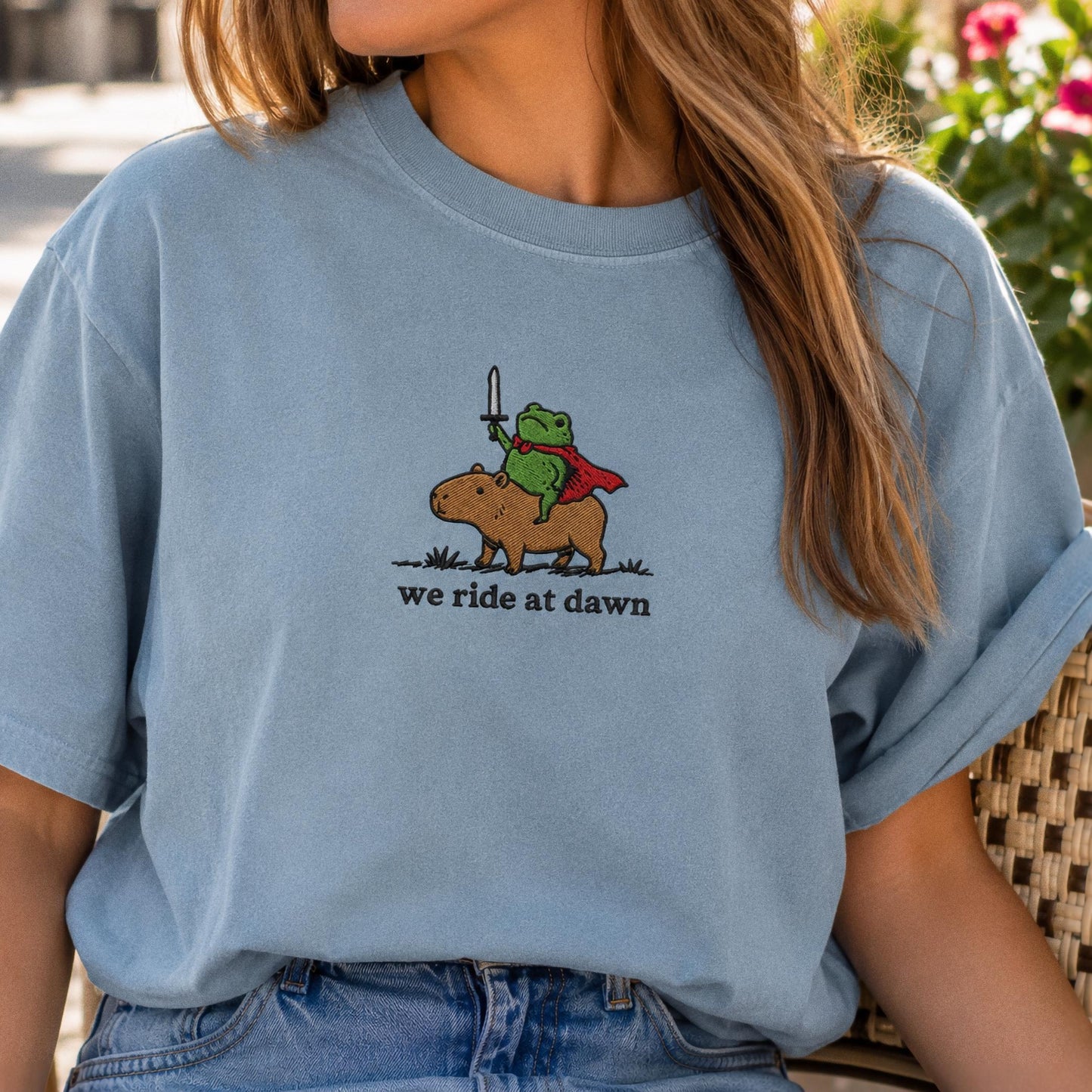 We Ride at Dawn Raccoon and Capybara Embroidered Tee, Funny Medieval Animal Shirt, Cute Ren Faire Gift Shirt