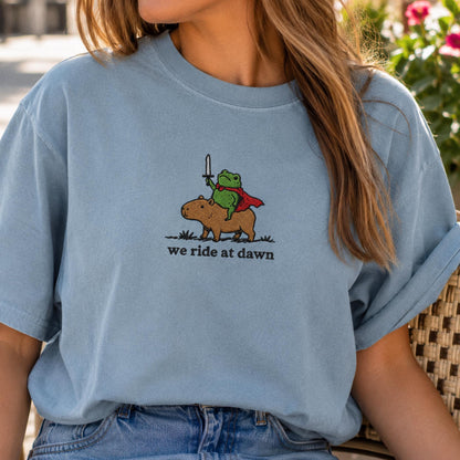 We Ride at Dawn Raccoon and Capybara Embroidered Tee, Funny Medieval Animal Shirt, Cute Ren Faire Gift Shirt