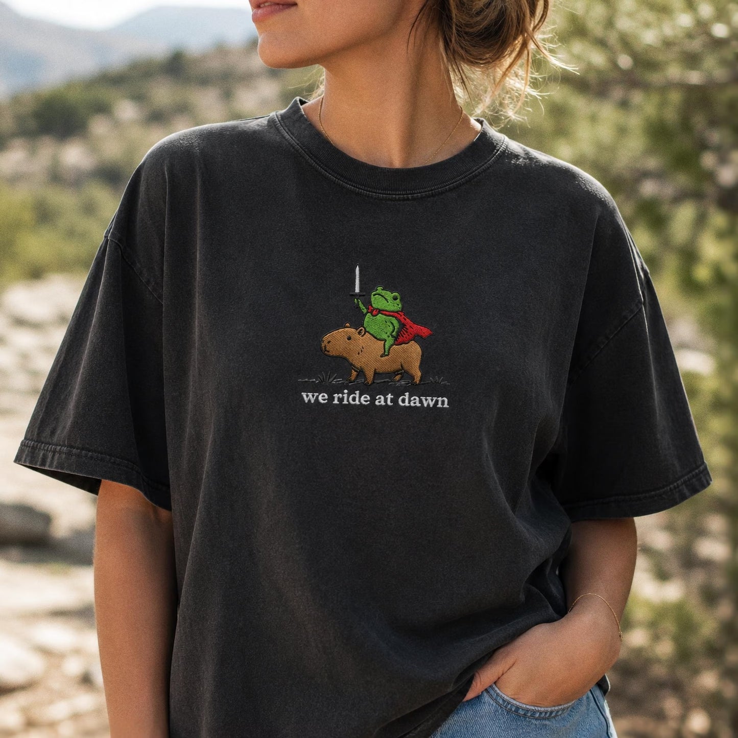 We Ride at Dawn Raccoon and Capybara Embroidered Tee, Funny Medieval Animal Shirt, Cute Ren Faire Gift Shirt