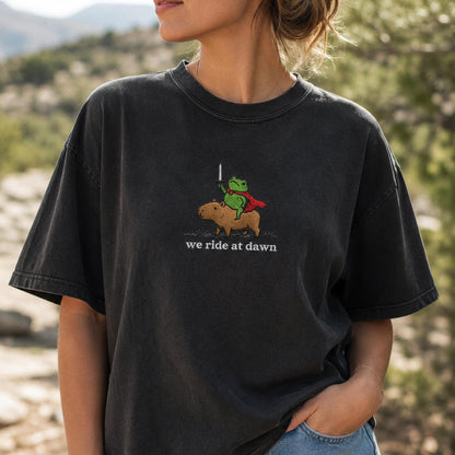 We Ride at Dawn Raccoon and Capybara Embroidered Tee, Funny Medieval Animal Shirt, Cute Ren Faire Gift Shirt