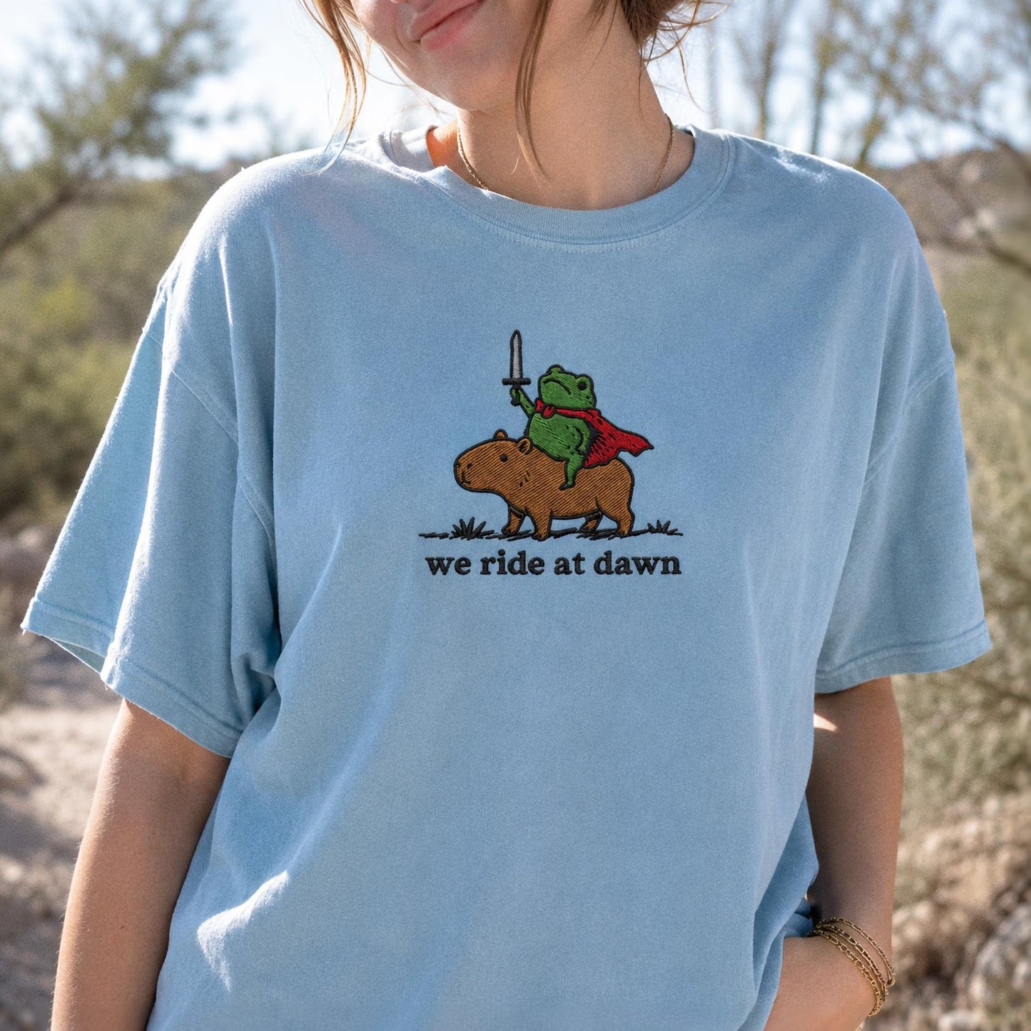 We Ride at Dawn Raccoon and Capybara Embroidered Tee, Funny Medieval Animal Shirt, Cute Ren Faire Gift Shirt